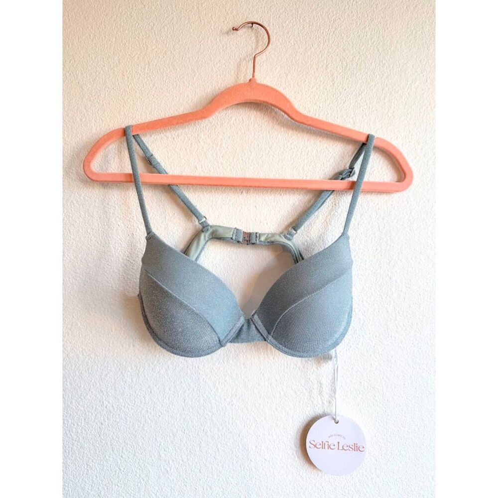 Selfie Leslie Zuma Shimmer Molded Underwire Bikini Top in Mint Blue size M NWT